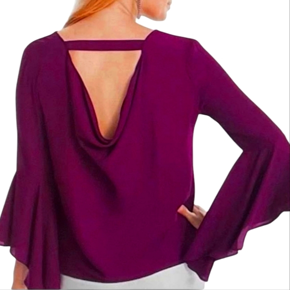 White House Black Market Tops - White House Black Market Dramatic Purple Bell Sleeve‎ Drape Back Blouse Top 6 M